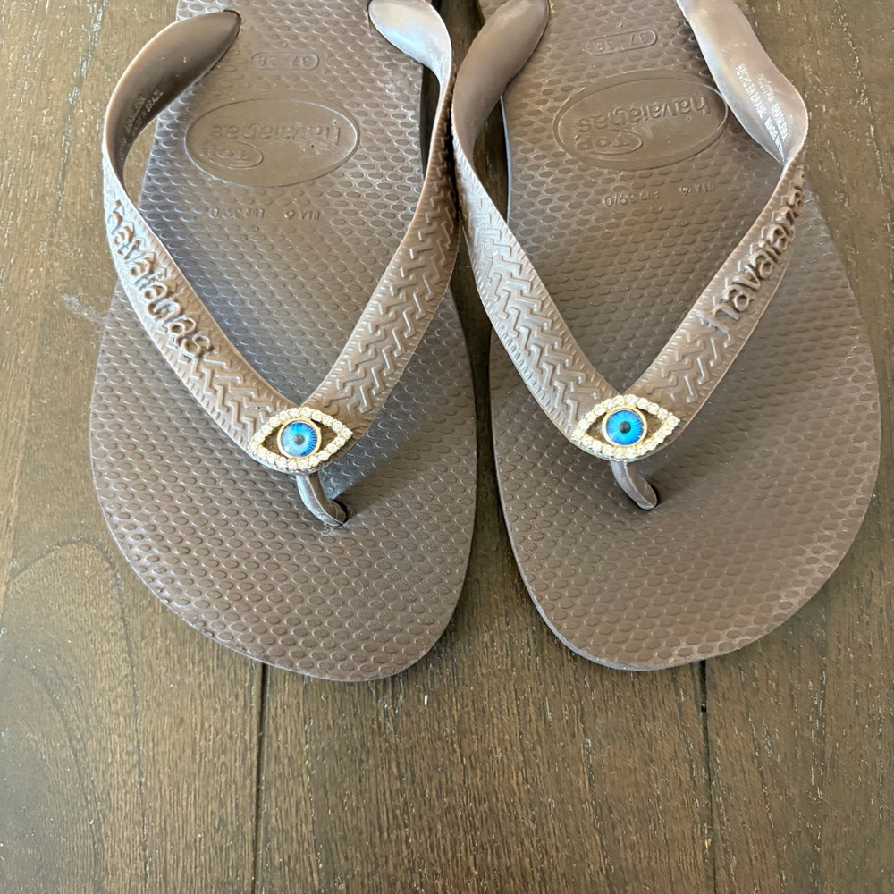 Havaianas Slim Crystal II Brown‎ Flip Flops my Sandals Evil Eye Size 6 - Picture 5 of 10